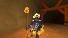 a cartoon character is holding a torch and a bunch of balls