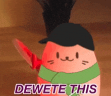 a cartoon character with a hat and scarf is holding a knife and says dewete this .