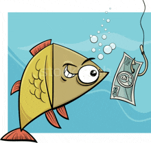 a cartoon illustration of a fish catching a dollar bill on a fishing hook