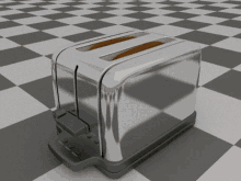 a chrome toaster is sitting on a checkered floor