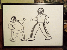 a black and white drawing of two men fighting each other