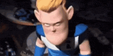a close up of a cartoon character with his eyes closed and a blue shirt .