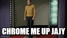 a man in a yellow shirt and black pants is standing on a red carpet with the words chrome me up jayy .