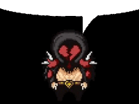 a pixel art of a man with a broken heart on his head and a speech bubble .