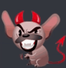 a cartoon mouse wearing red horns and a tail .