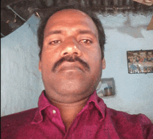 a man with a mustache wearing a purple shirt takes a selfie