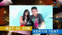 a man and a woman are standing next to each other on a screen that says ' vertis tent ' on it