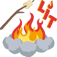 a cartoon illustration of a campfire with lit letters coming out of the flames