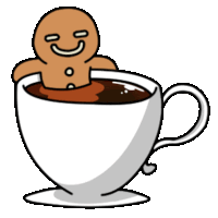 a gingerbread man is sticking his head out of a coffee cup