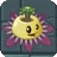 a yellow potted plant with a face on it is sitting on top of a purple flower .