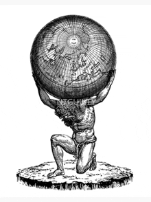 a black and white drawing of atlas carrying a globe on his shoulders