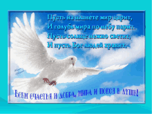 a white dove is flying in the sky with a blue background with russian writing