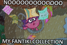 a cartoon character is holding papers in the rain with the caption " my fantiki collection "