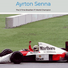 a poster for ayrton senna shows a race car on the track