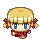 a pixel art drawing of a girl with blonde hair and blue eyes wearing a red scarf .