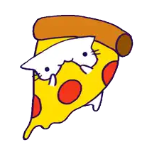 a cartoon drawing of a slice of pepperoni pizza with a cat sticking its head out of it