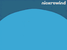 a cartoon character is upside down on a blue background with nickrewind written on the bottom