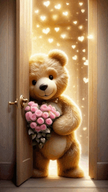 a teddy bear is holding a bouquet of pink roses in front of an open door