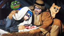 a pixel art painting of a man holding a baby jesus