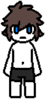 a pixel art drawing of a boy without a shirt and shorts with blue eyes .