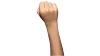 a man 's fist is raised in the air against a white background