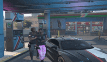 a video game scene shows a 7 eleven gas station