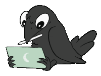 a drawing of a crow holding a piece of paper with a crescent moon on it