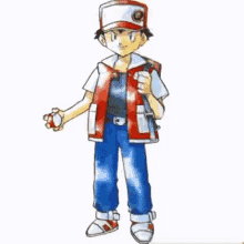 a cartoon of a boy in a red vest and hat holding a pokemon ball .