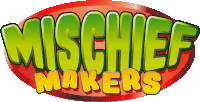 a logo for mischief makers has green and yellow letters on a red background