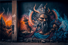 a painting of a man with horns and a beard is on a wall