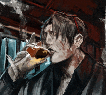 a painting of a man smoking and drinking from a glass