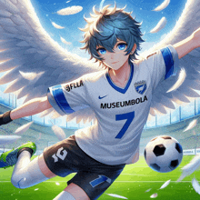 a boy with wings is wearing a museumbola shirt