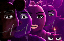 a group of purple cartoon characters with a candle in their hand