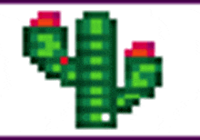 a pixel art cactus with red flowers on a white background