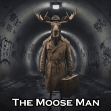 a moose is wearing a trench coat and tie and holding a suitcase .
