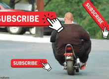 a man is riding a motorcycle with a subscribe button behind him