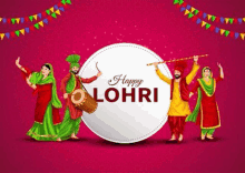 a group of people are dancing and playing instruments on a pink background for the celebration of lohri .