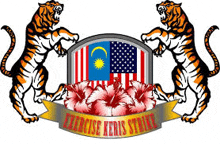 two tigers are standing next to each other in front of an american flag and hibiscus flowers .