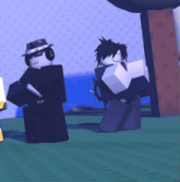 a cartoon character wearing a hat and sunglasses is standing next to another cartoon character