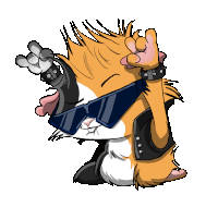 a cartoon hamster wearing sunglasses and a leather jacket giving the middle finger