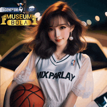 a girl holding a basketball wearing a mix parlay jersey