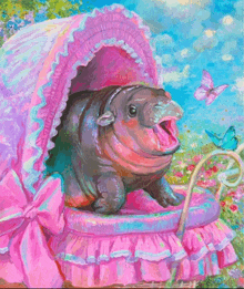 a baby hippopotamus is sitting in a pink carriage