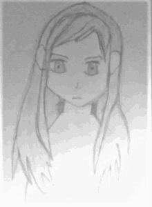 a pencil drawing of a girl with long hair and big eyes