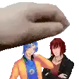 a pixel art of a hand holding a boy 's head and a woman 's shoulder .
