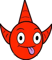 a red cartoon character with horns and a tongue out