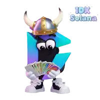 a cartoon character wearing a helmet and horns is holding playing cards with the words idx solana below him