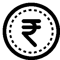 a black and white icon of a rupee coin