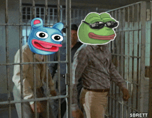 a cartoon of a frog wearing sunglasses and a blue bear with a red tongue is in a jail cell