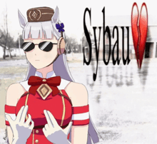 a drawing of a girl wearing sunglasses and a hat with the word sybau on the bottom