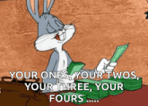 a cartoon of bugs bunny holding a stack of money